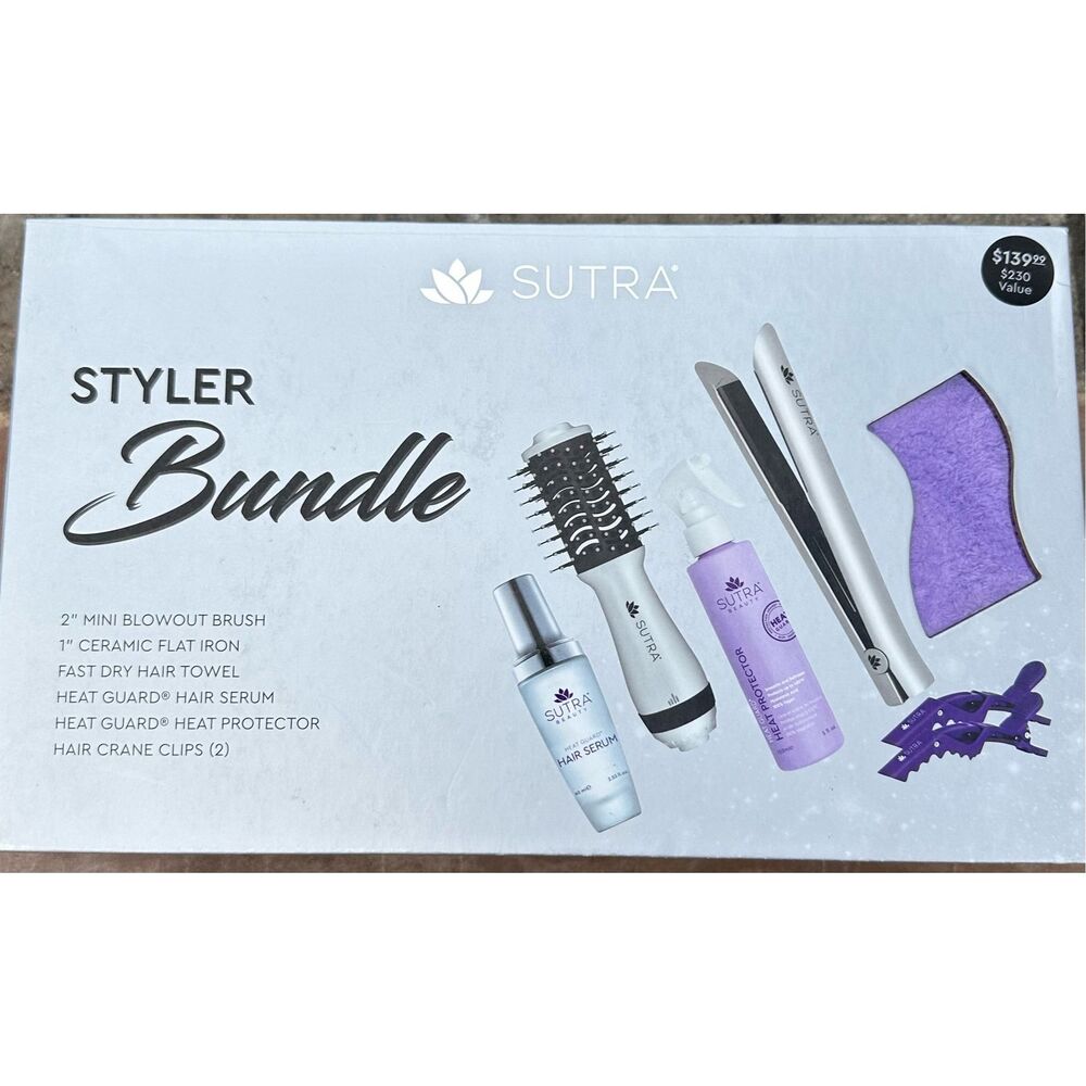 Sutra Styler Bundle - Mini Blowout Brush, Ceramic Flat Iron, Hair Serum, Heat Pr